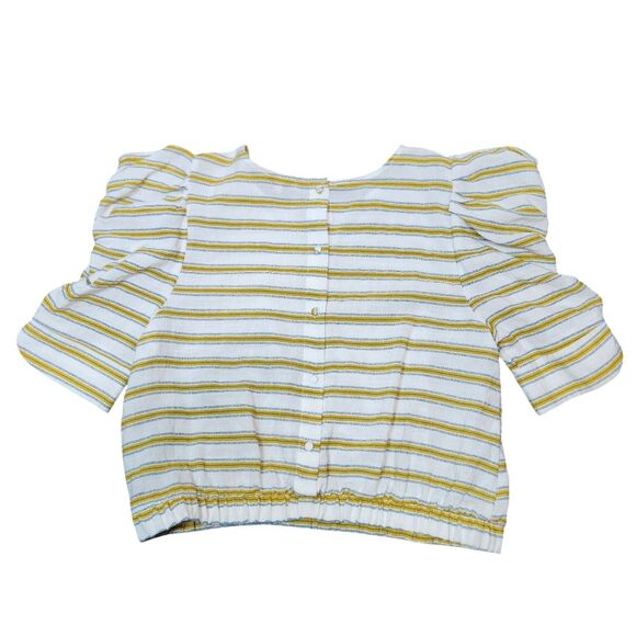 Anthro Moon River Linen Puffed Sleeve Top Crop Elastic Waist Yellow Stripe L - Picture 6 of 14